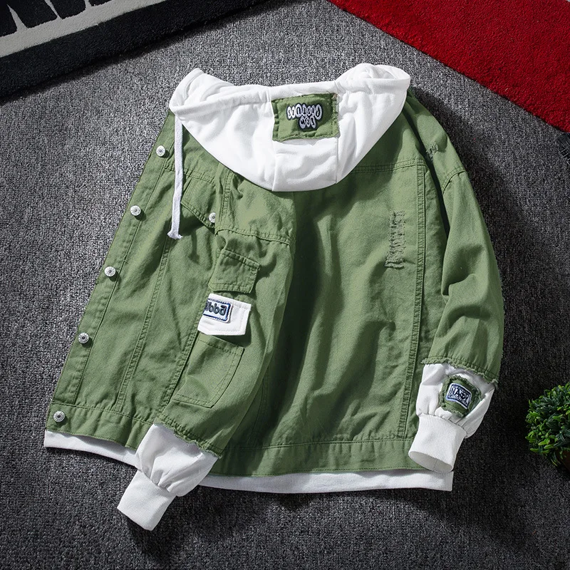 Ripped Denim Jacket Hoodie Men Hip Hop 