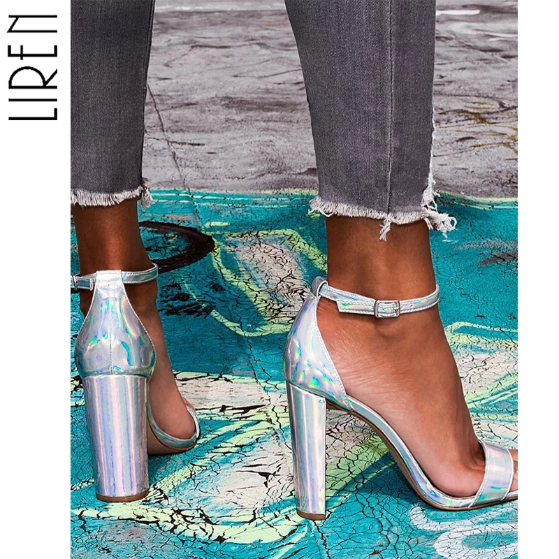 

Liren 2019 Fashion PVC Gladiator Sandals Summer Ladies High Heels Pointed Toe Buckle Strap High Heel Sandals Size 35-40 Sliver