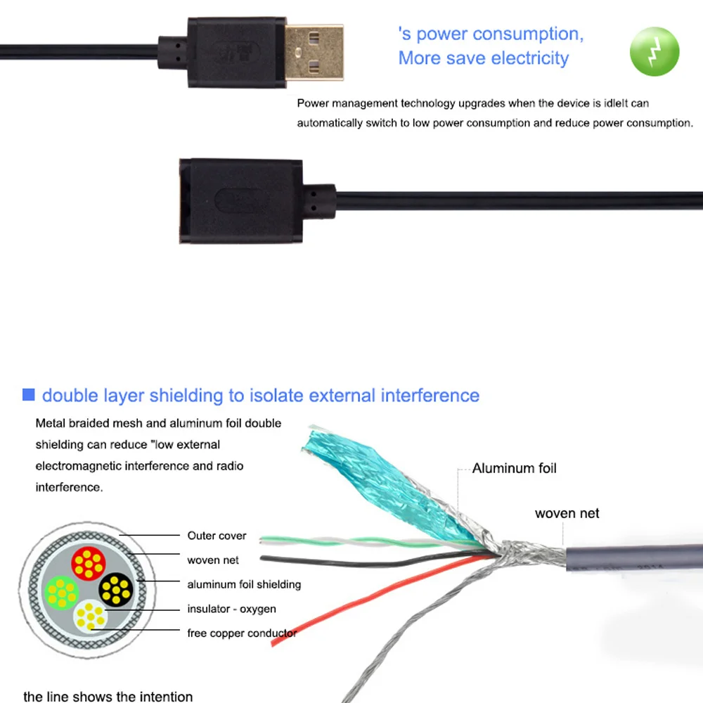 USB 2.0 تمديد كابل فائقة السرعة الذكور إلى الإناث 1 m كبل مزامنة بيانات USB 3.0 موسع للكمبيوتر PC قرص صلب