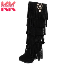 KemeKiss/новые зимние женские сапоги из флока на меху, большие размеры 32-43 Сапоги до колена на высоком каблуке сапоги с бахромой, черный, коричневый, красный, желтый, бежевый, в стиле панк