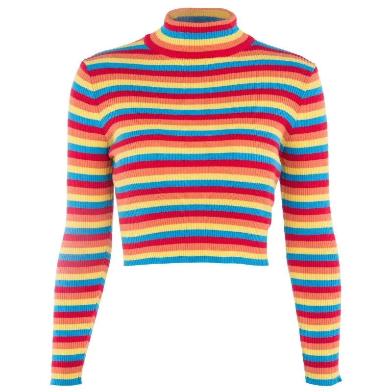 

Women Sweaters New Harajuku Kawaii Sweaters Cute Sweet Vintage Striped Knitted Pullover Sweaters Rainbow color