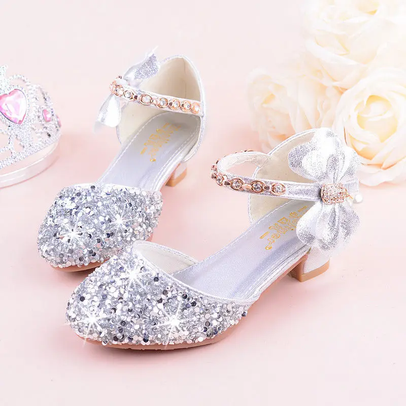 Girls Bow-knot Princess Shoes with High-Heeled, Kids Glitter Dance Performance Summer Shoes, Purple, Pink& Silver 26-38