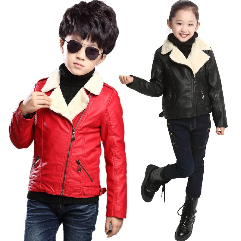 

Children's Jackets 2015 Big Boy Girl Pu Leasther Jackets Thicken Warm Turn Down Collar Motorcycle Jacket Kids Leather Jacket