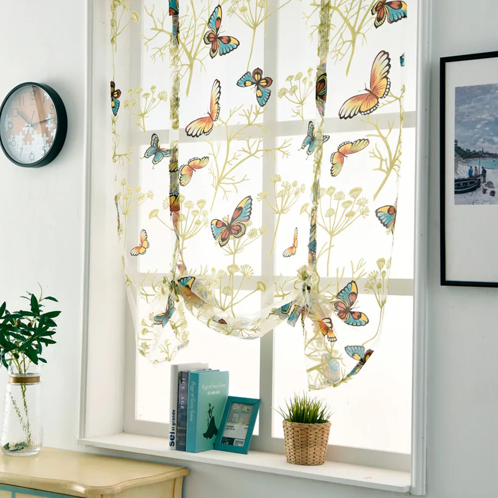 

Curtain Blended Polyester Rod Liftable Kitchen Bathroom Window Roman Curtain Floral Sheer Voile Valances#3