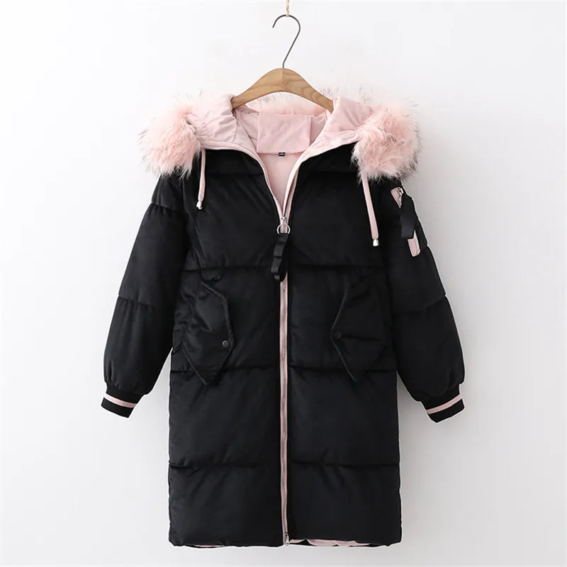 Зимнее женское пальто черного, розового и серого цвета размера плюс, длинный рукав, меховая парка с капюшоном, новинка, Корейская офисная свободная плотная одежда LD644