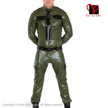 

Militay Police Latex uniform Pants button turn down collar pocket Tee shirt Rubber Top Gummi blouse clothing clothes XXXL TZ-014