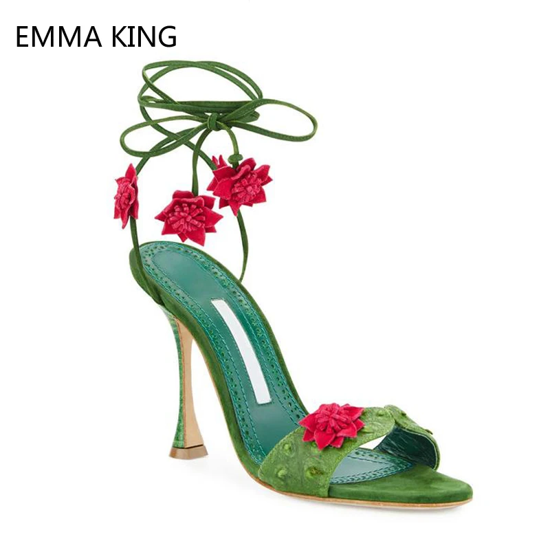 

2019 Fashion Brand Lace-Up Chic Heels Sandals Women Snakeskin Flowers Designer Green Cross Strap Pumps Runway Stiletto Sandals
