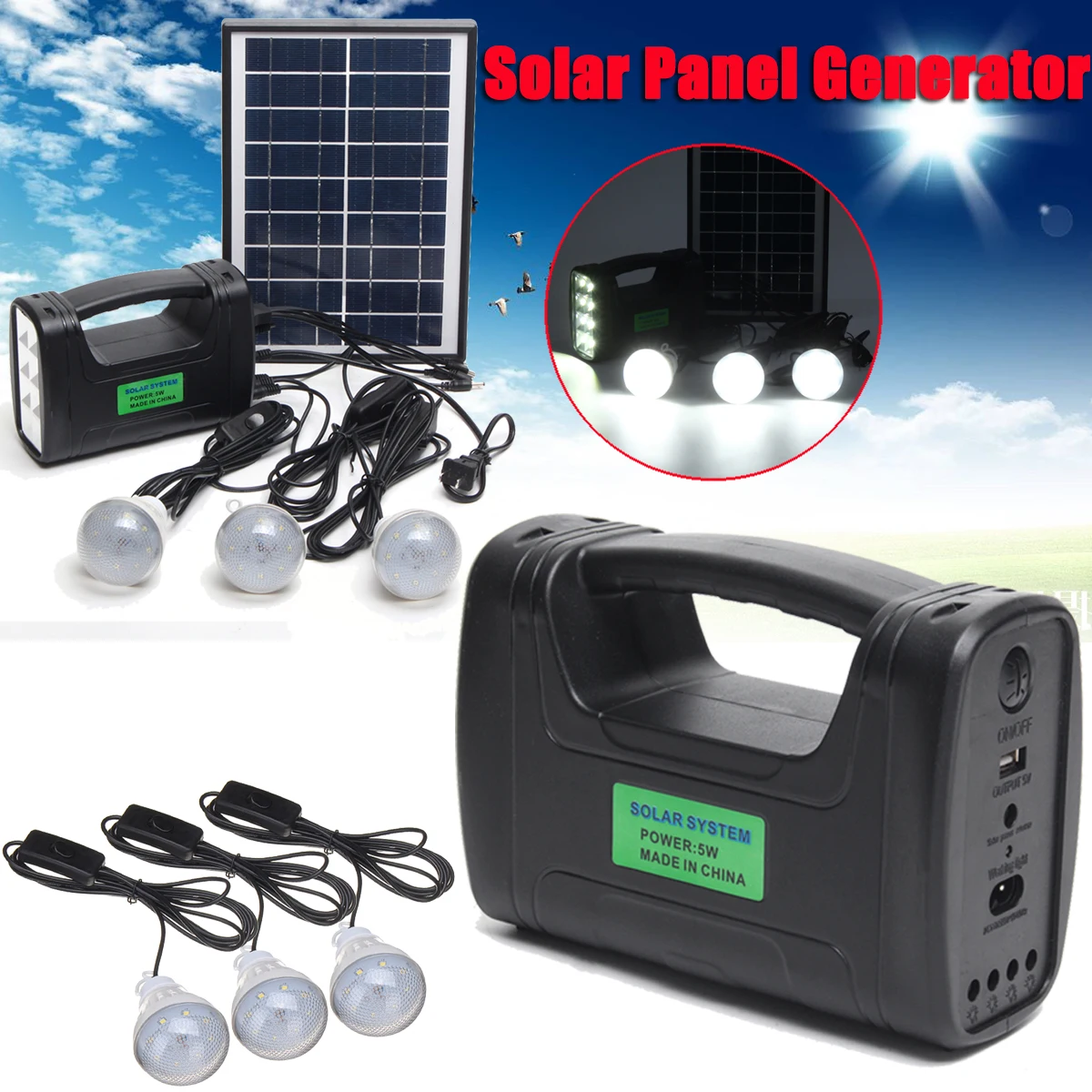 

110-220V Portable Home Outdoor Small Solar Panels Charging Generator Power System 5W Mini Outdoor Power LED Lighting System