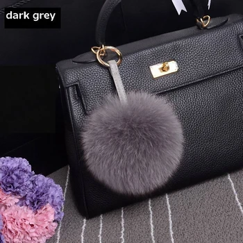

13-15cm Luxury Fluffy Real Fox Fur Ball Pom Pom Plush Size Genuine Fur Keychain Metal Ring Pendant Bag Charm Fo-K010-dark grey