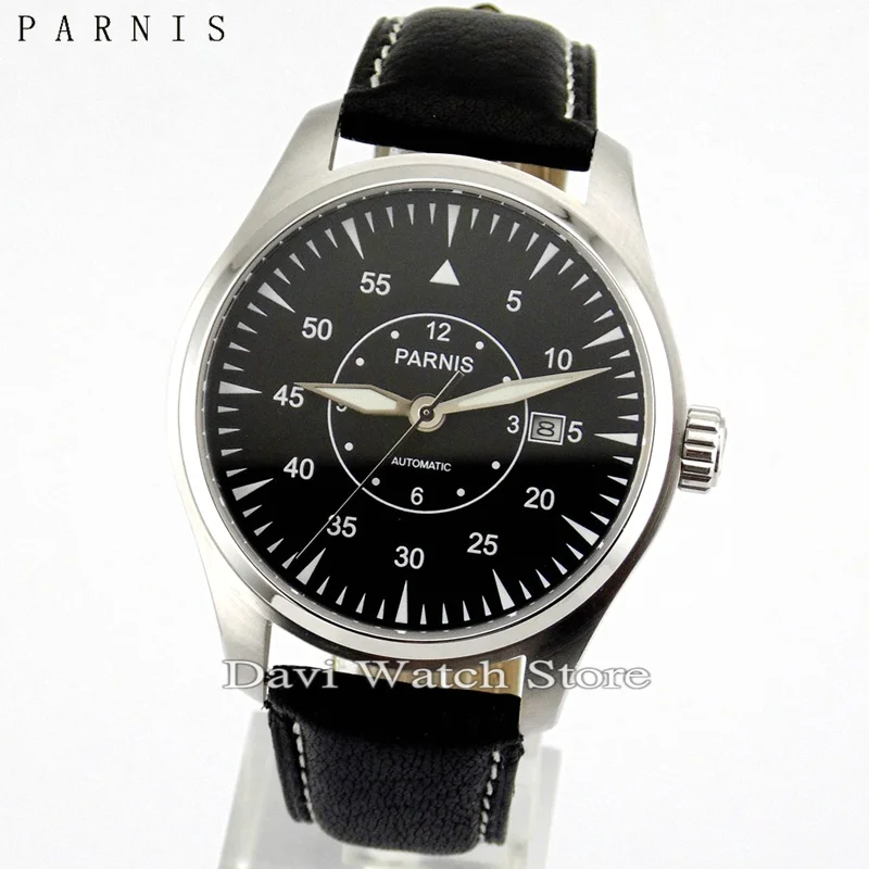 

Parnis 44mm Black Dial Leather Band Stainless Steel Case Miyota Automatic Sapphire Mens Watch