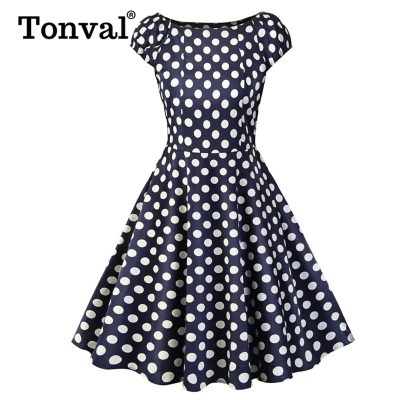 

Tonval Navy Blue Rockabilly 1950s Polka Dot Vintage Dress Women Clothes 2019 Cap Sleeve Summer Fit and Flare Casual Dresses