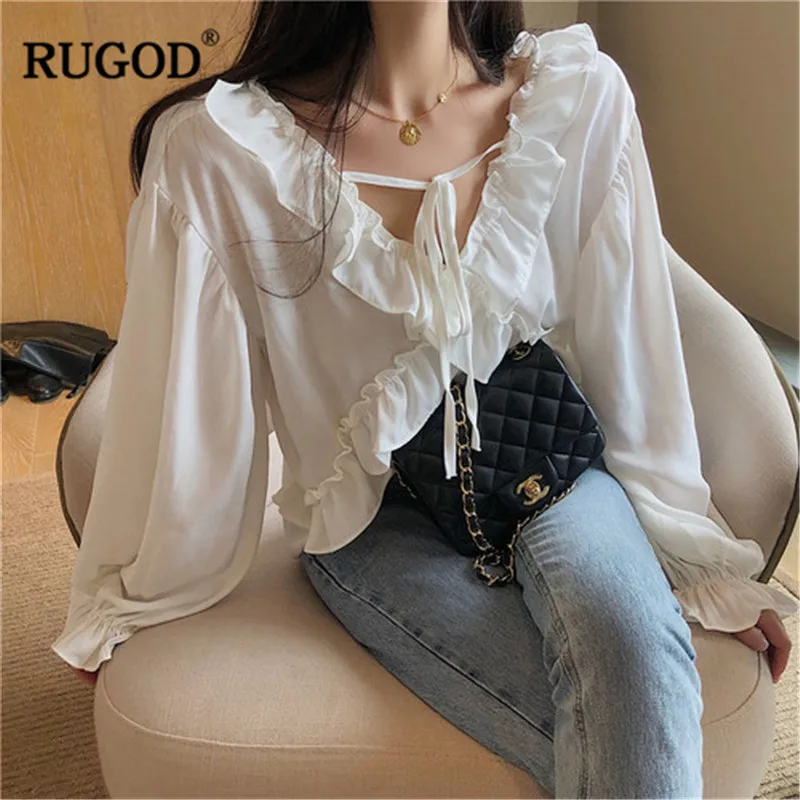 RUGOD оборками края элегантный для женщин блузки для малышек фонари рукава Белый Сладкий v образным вырезом modis Весна femme Топы Корре