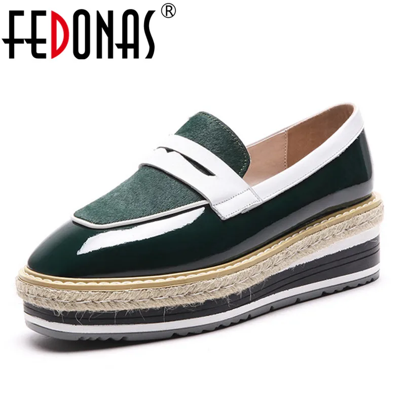 Patent Fedonas Herbst Patchwork Schuhe 2 High Neue Keile Leder Plattformen Mode Frau Schwarzes Causl Frühling 1 Slip Auf Pumpen Heels 11RY8aq