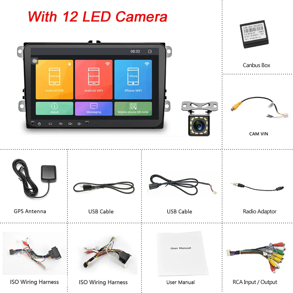 With12 LED Camera Camecho " 2din Android 8,1 автомобильный радиоприемник gps навигация wifi Buletooth для Volkswagen Skoda Octavia Golf 5 6 touran passat B6 стерео - Цвет: With12 LED Camera