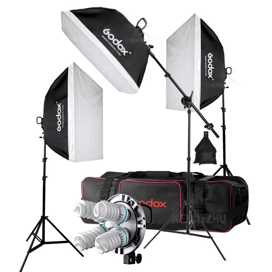 3x Godox TL-4 E27, 4 гнезда, светильник, держатель, головка+ 12 шт., 150 Вт, 5500 к, лампа+ 60x90 см, софтбокс, 2 м, подставка, сумка для переноски, студийный светильник, набор - Цвет: with 12pcs Bulbs