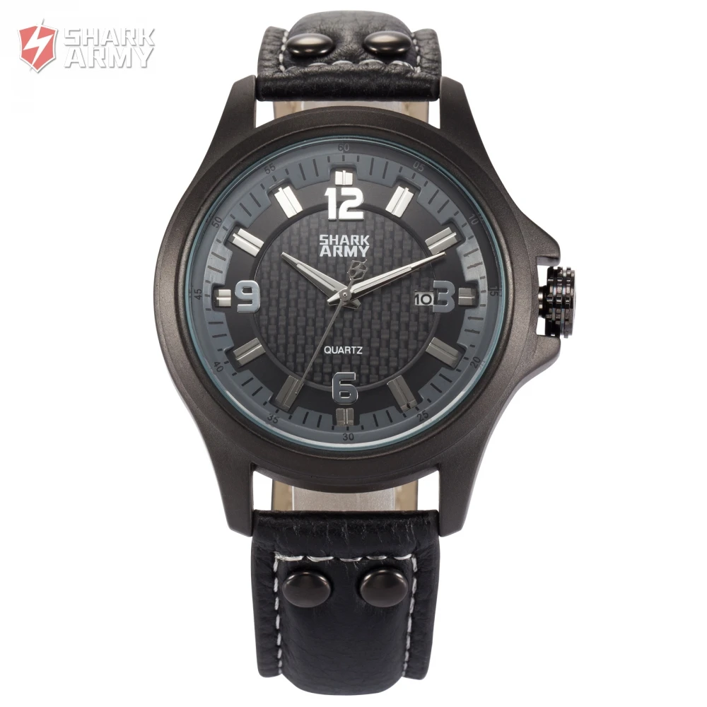 

SHARK ARMY Black Watch 3D Electroplate Plaid Dial Date Leather Band Strap Quartz Sporting Military Men Wristwatch Gift/SAW142