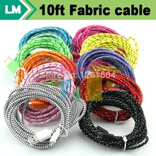 Для samsung, для htc, для Nokia, 3 м, 10 футов, микро USB зарядное устройство, плетеный тканевый трикотажный кабель, шнур для синхронизации и зарядки, цветной, 500 шт./лот