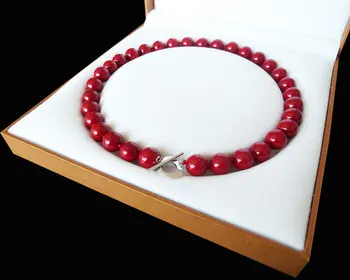 

Perfectly 12mm Genuine South Sea coral red shell pearl necklace long Sweater chain wedding Women Gift word 925 jewelry