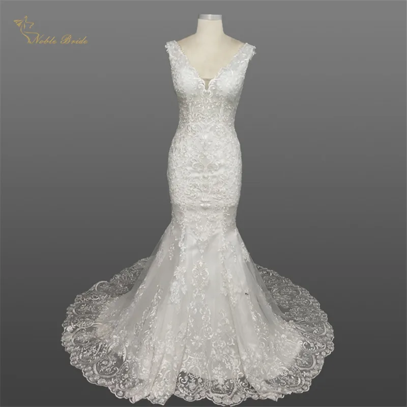 

Vestido de noiva 2019 Custom Made Mermaid Wedding Dress Lace V Neck Trumpet Court Train Backless Bridal Gowns