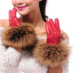 Сенсорный экран для женщин теплые кожаные перчатки Зима Енот Мех животных Роскошные 100% натуральная перчатки из овечьей кожи Снег Открытый