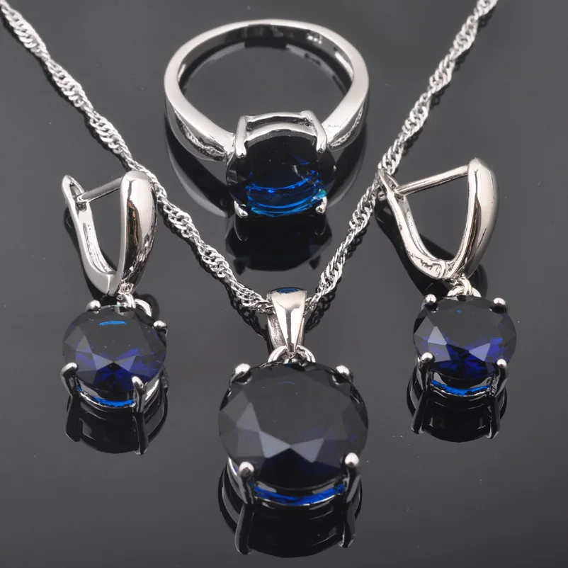 Круглый синий Цирконий, женские 925 пробы, серебряные ювелирные наборы, свадебные серьги/кулон/ожерелье/кольца QZ0219