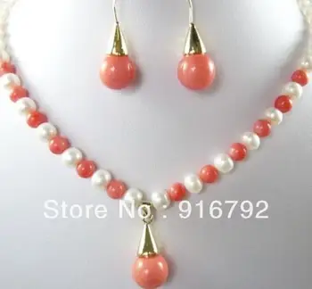 

Free Shipping&gt; fashion jewelry freshwater pearl and pink coral necklace earring set