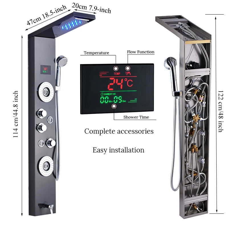 Роскошный черный/матовый душевой кран для ванной комнаты, светодиодный душевой панельный столбик, смеситель для ванной с ручным душевым температурным экраном