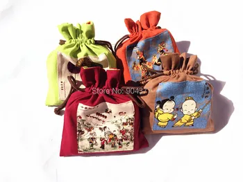 

Large Dyeing Chinese Folk Paintings Gift Bag High Quality Bunk Linen Drawstring Packaging Pouch 10pcs/lot Free shipping