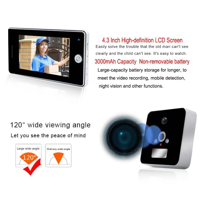 Saful 4,3 дюймовый дверной глазок, ЖК-экран, инфракрасное ночное видение, обнаружение движения, видео запись, 120, широкоугольная дверная камера