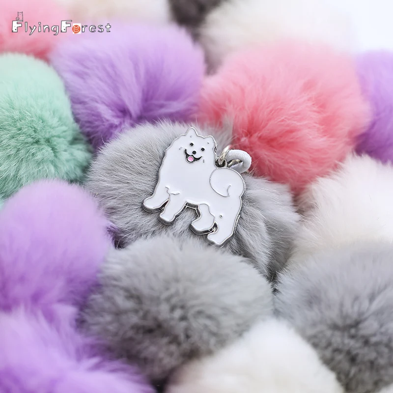 

NEW lovely Samoyed Fur Pom Pom Keychains Fake Rabbit fur ball key chai fluffy Bag Charms dogs keychain Cute animals Keyring gift