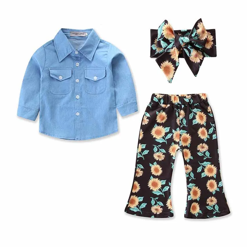 

2~7Y Spring Girl Casual 3pcs Clothing Set Long Sleeve Denim Blouse Sunflower Printed Pant Headband Girls Sets Children Tops
