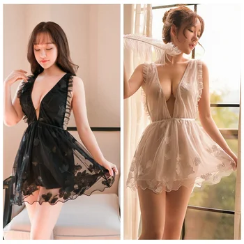 

WEIXINBUY See Through Sexy Lingerie Women Lace Babydoll Dress Sleepwear Underwear G-String Sheer Sleepwear Chemises F7
