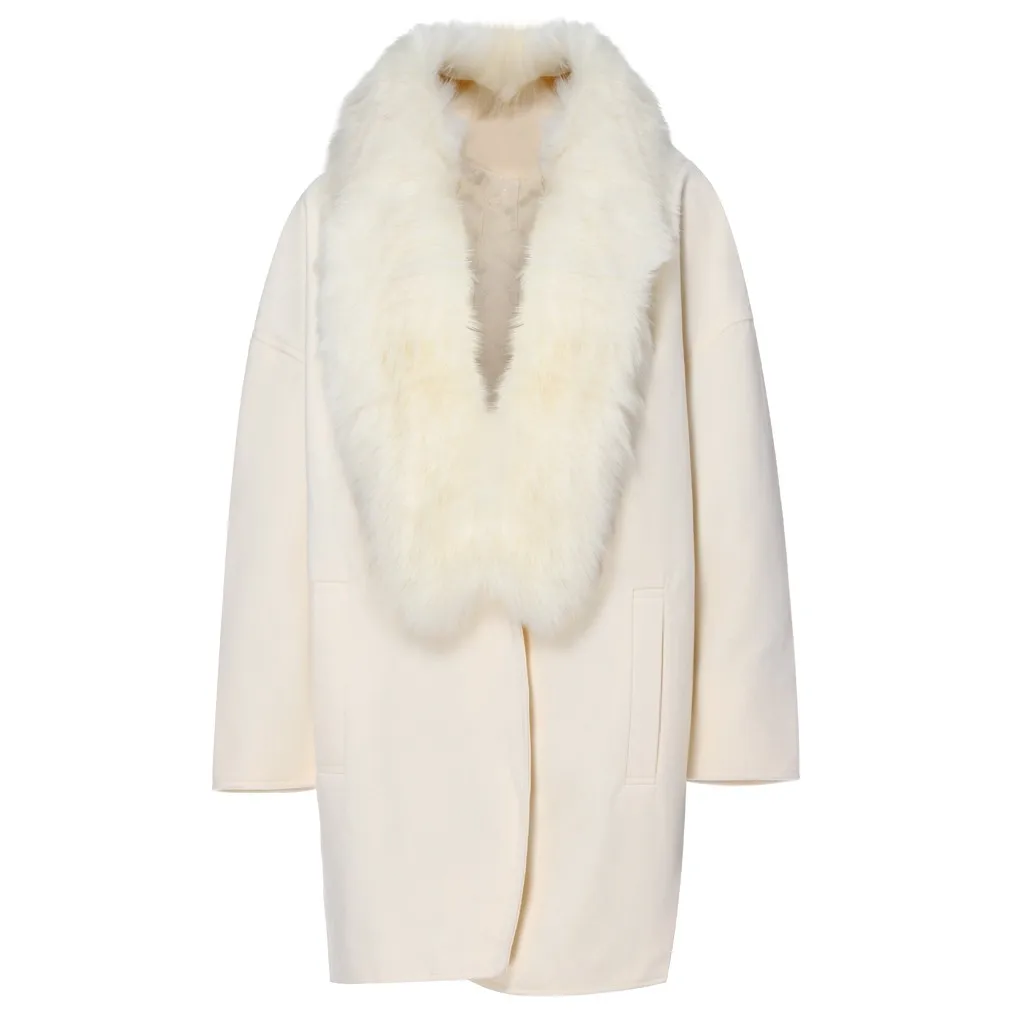 Модное дизайнерское высококачественное женское осенне-зимнее кашемировое пальто свободного кроя большого размера с большим меховым воротником шерстяное пальто для женщин зимнее - Цвет: BG
