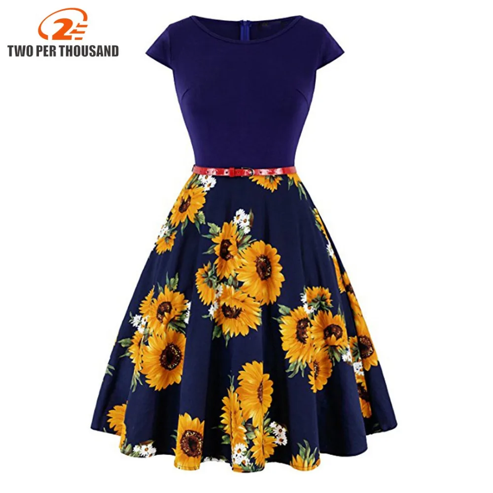 

Summer 1950s 60s Vintage Retro Women Dress Short Sleeve Polka Flowers Patchwork Party Vestido Elegant A Line Blue Dresses