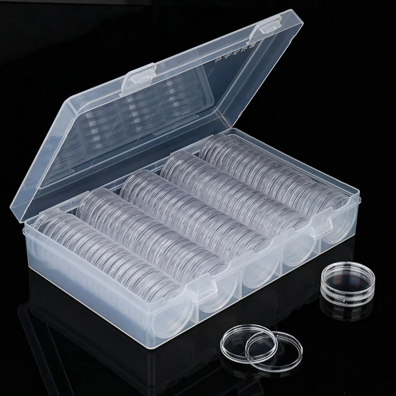 

100pcs Clear Coin Capsules Caps with storage box Transparent Acrylic Coincapsules For Coins US Presidential Sacagawea Dollar
