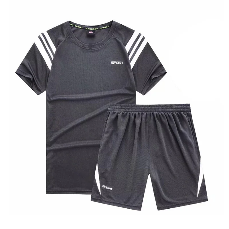 Набор для бега, Мужская черная футболка для футбола, баскетбола, набор для тренировки, набор для тренировки, цветной блок, футболка Dryfit+ шорты - Цвет: Grey