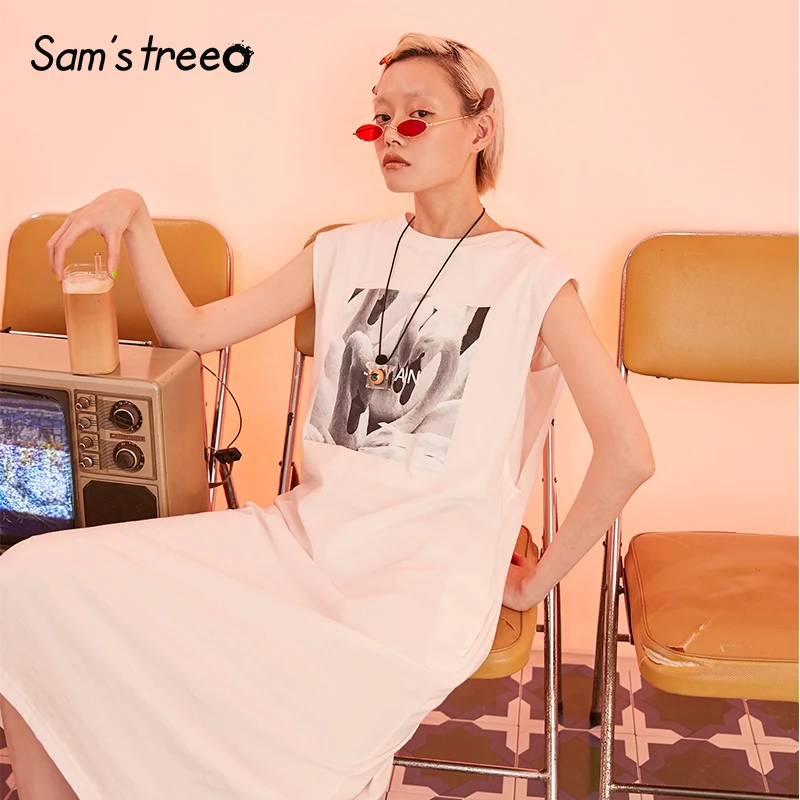 

Samstree Cotton Animals Print Sleeveless Women Dresses 2019 Summer Casual Oversized Holiday Dress Fashion Streetwear Clothing