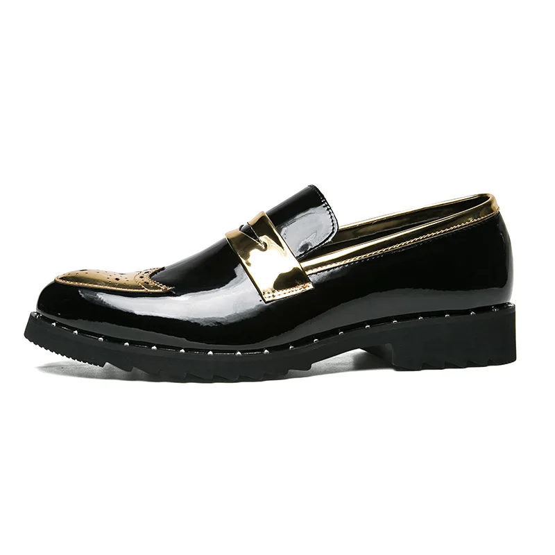 AGSan/Мужская обувь с перфорацией типа «броги»; модные мужские лоферы; модельные туфли; Цвет черный, золотой; мужские лоферы без шнуровки; Мужская Свадебная обувь; большие размеры 38-45