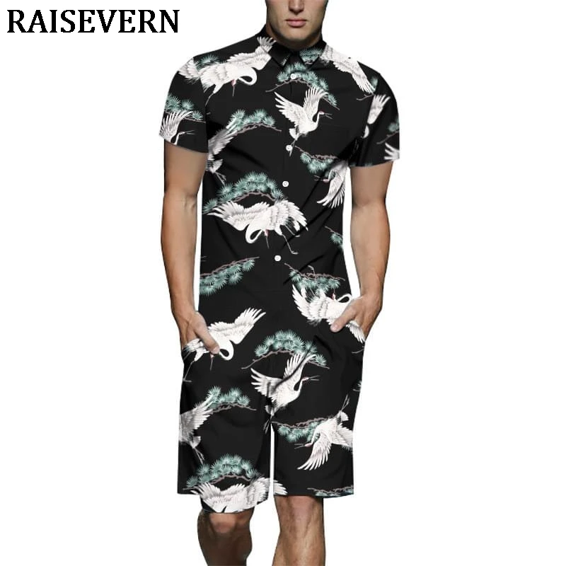 Crane Bird Men Rompers 3D Print Jumpsuits Playsuits Harajuku Harem Cargo Overalls One Piece Jumpsuit Hawaiian Shirts Men's Sets | Мужская