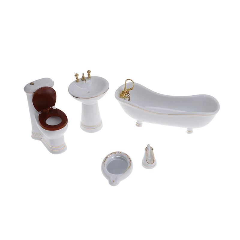

One Set Bathroom Bathtub Toilet Basin Mirror Brush Porcelain Dollhouse Miniature