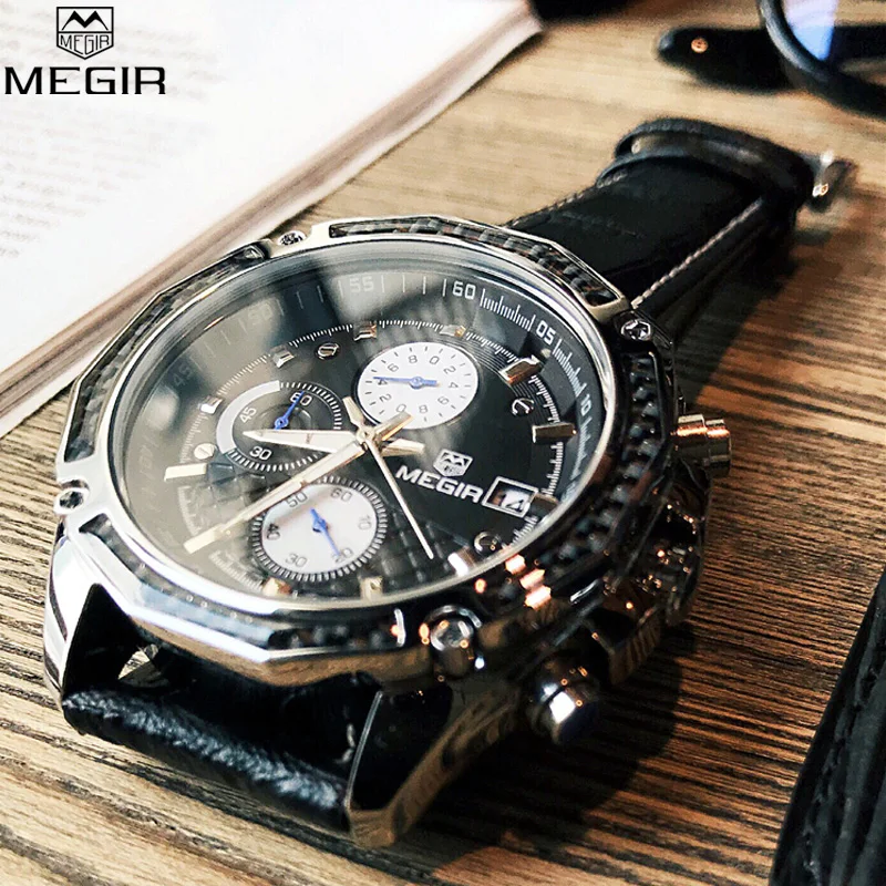 MEGIR хронограф мужские часы кварцевые-часы лучший бренд класса люкс Натуральная кожа водонепроницаемые военные часы мужские часы relogio