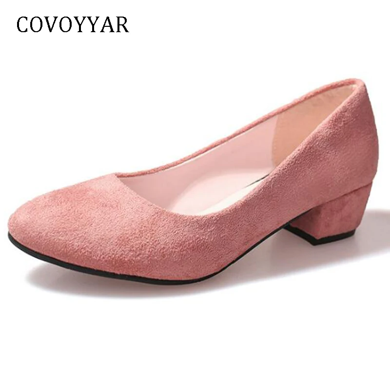 

COVOYYAR Concise Women Pumps 2019 Round Toe Block High Heels Flock Lady Office Shoes Candy Color Shallow OL Shoes WHH669