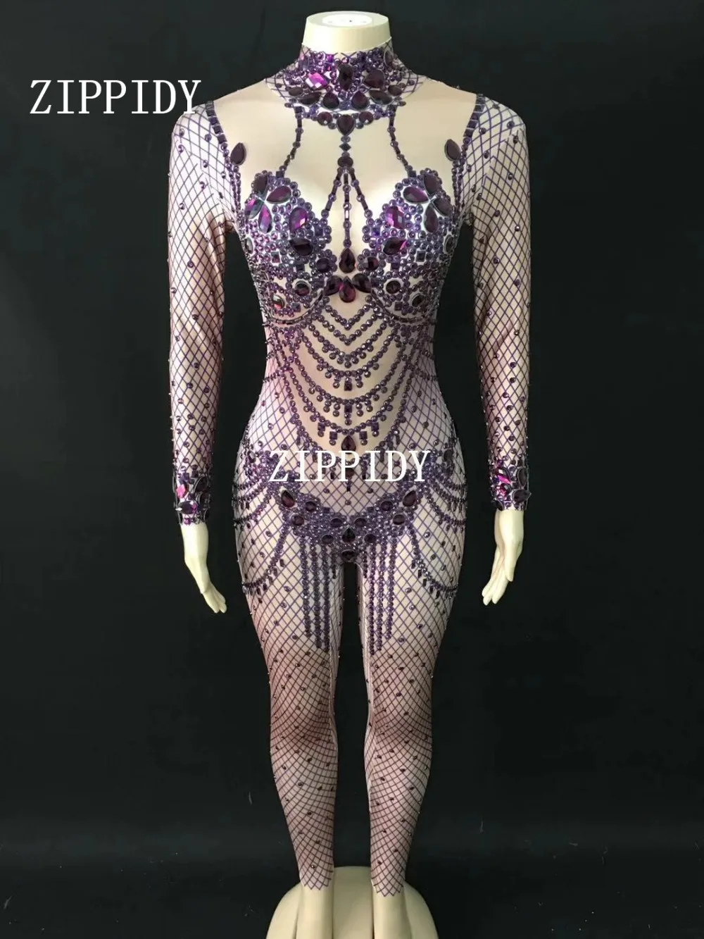 Brillant Body Purple Tenue Mode Chanteur Scène D'exposition Bal Femelle Barboteuses Salopette Danse De Cristaux Afficher Violet qnHdCpw1q