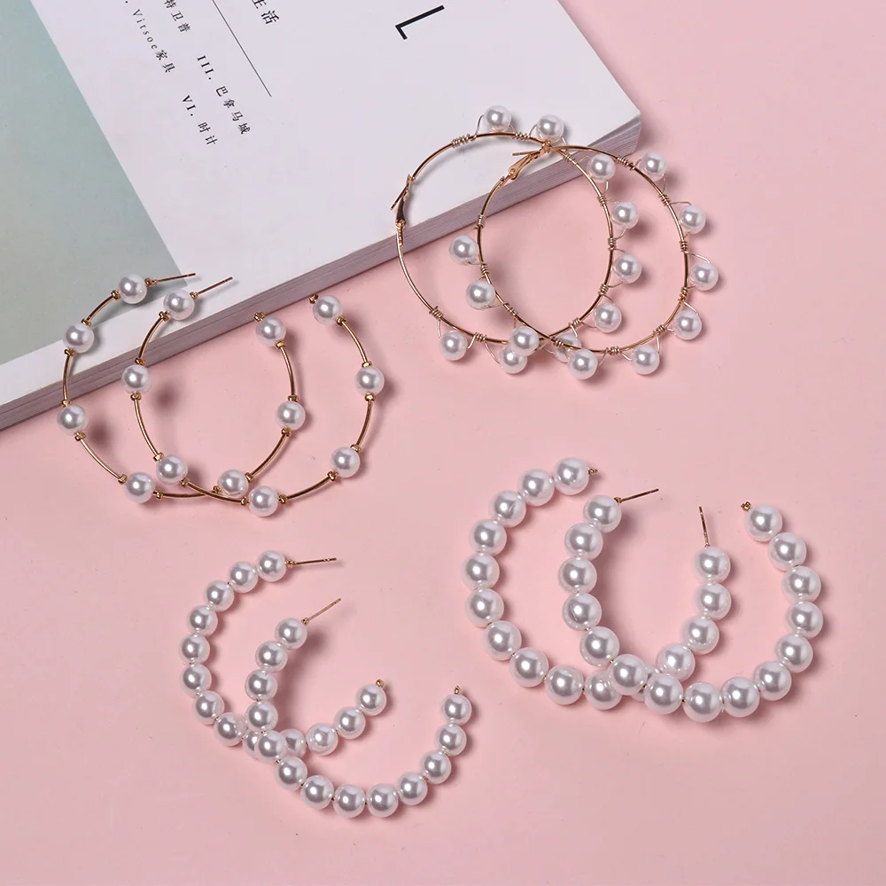 Boho White Imitation Pearl Round Circle Hoop Earrings Women Gold Color Big Earings Korean Jewelry Brincos Statement Earrings