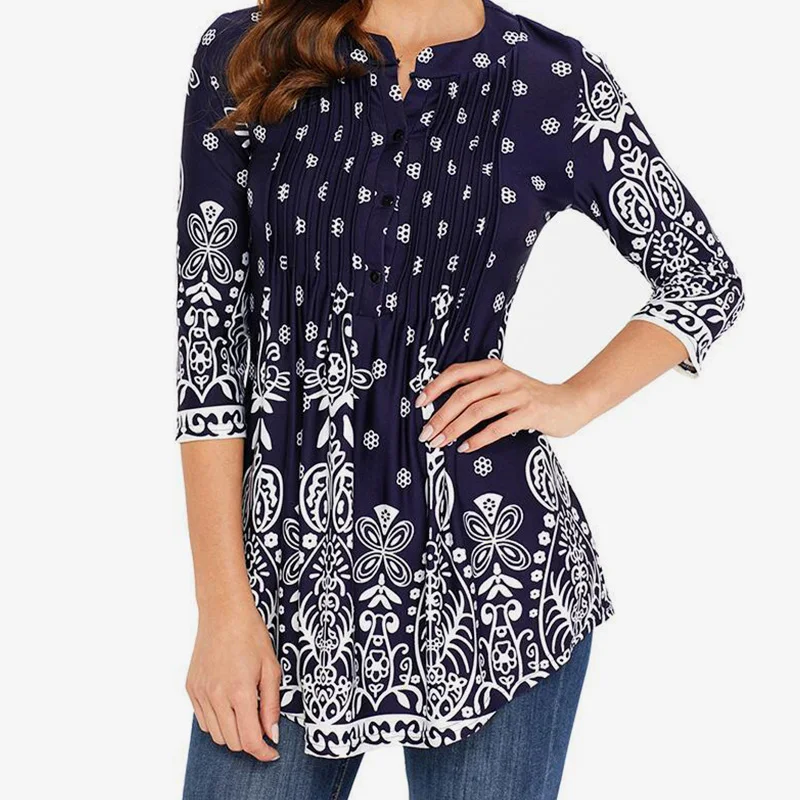  Spring Tunic Printed Women's Shirt Blouse 3/4 Sleeves Pleated Tops and Blouses Womens 2019 Summer F