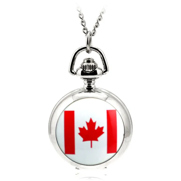 

Modern Fashion Ceative Silver Quartz Pocket Fob Watch Necklace Pendant Relogio De Bolso Women Pendant Necklace Watch Canada Flag