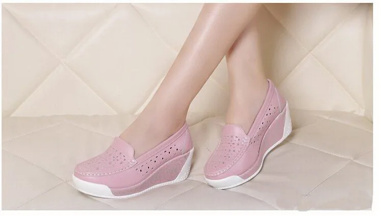 

Women Hollow Out Casual Shoes Women Fashion Platform Shoes Spring Swing Women Genuine Leather Nurse Shoes Wedge Flats Shoes 8058