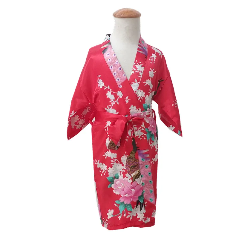 Детский халат с павлином, детское атласное кимоно, халат подружки невесты, платье с цветочным узором для девочек, шелковая Детская Пижама-халат, халат, размер 2-14 - Цвет: red