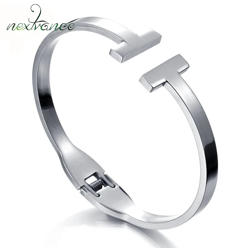 

Nextvance Stainless Steel Double T Bracelet Silver Open Cuff Bangles for Women Men Brand Party Jewelry Pulseira Feminina