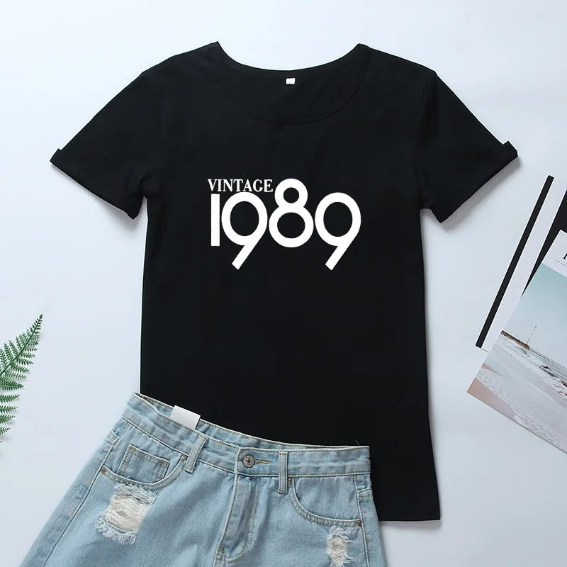 1989 винтажная женская футболка с принтом, летний топ с круглым вырезом и коротким рукавом, женская Свободная Повседневная футболка, Прямая поставка - Цвет: Черный